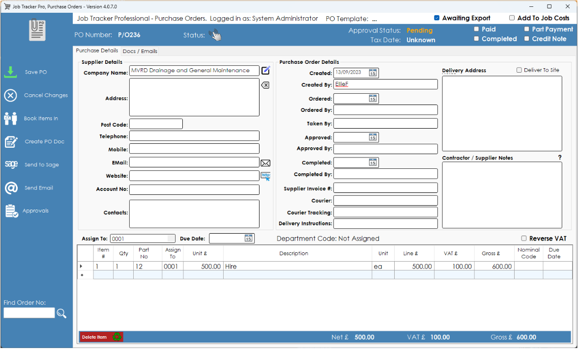 Purchase orders can be created and recorded against a 
                    specific job or across multiple jobs. You can quickly create and email PO documents, check items in, and 
                    approve Purchase orders plus integrate with *Sage at the click of a button.  *Additional Sage integration licence required. Just as the job sheet template feature lets you customise your documents, Purchase Orders can easily be populated in the same way. 
                    