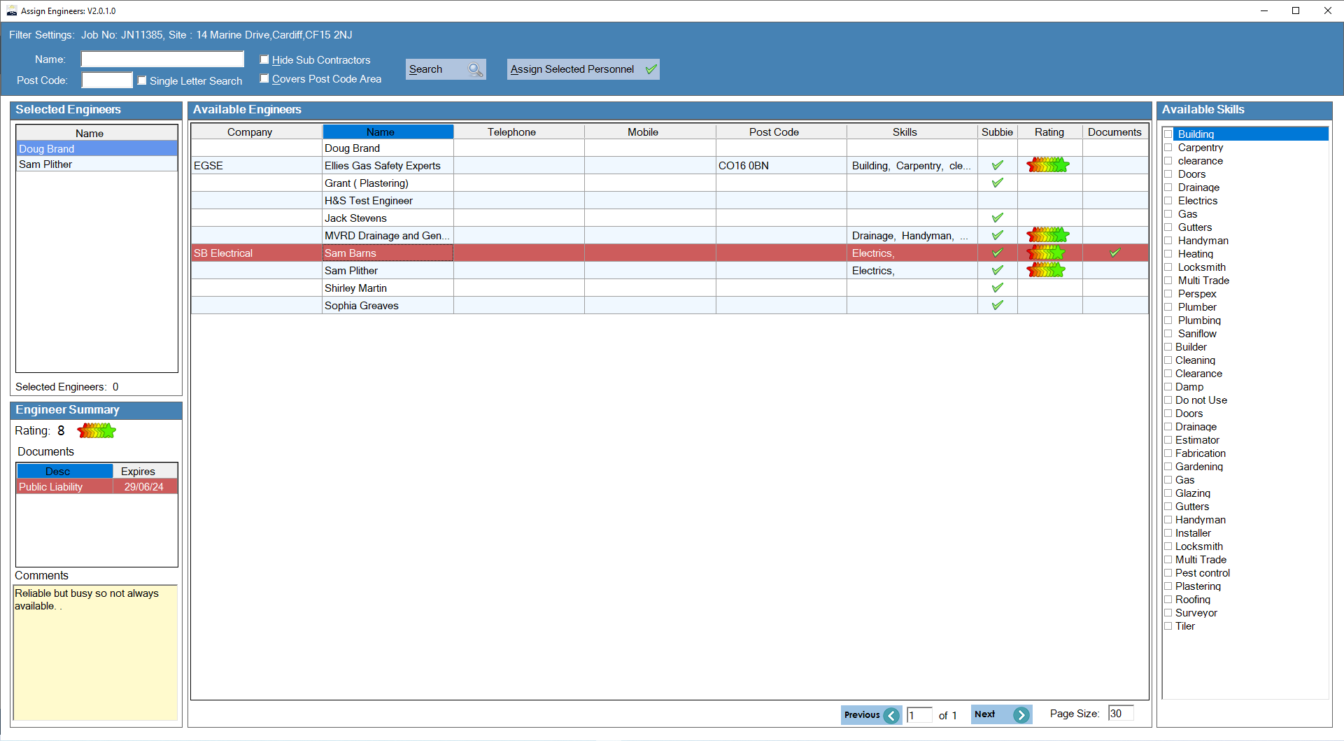 The Job Tracker Assign Engineer screen allows you to 
                    pick the right person for the job when scheduling your field service team. You can select by appropriate skills and qualifications
                    ,by area they are based in, or areas they cover. 
                    You can also see any notes you've made about their charges and reliability in 
                    the past, and even store copies of their liability insurance docs etc if appropriate.