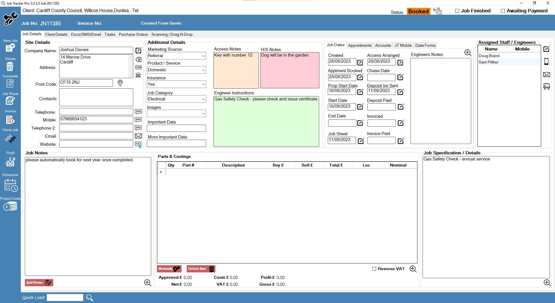 The Job screen has a handy edit feature enabling 
                    you to label the fields as appropriate to your business. You can record as much or as 
                    little information as is right for you. All of these details can feed automatically into personalised job sheet template too. 